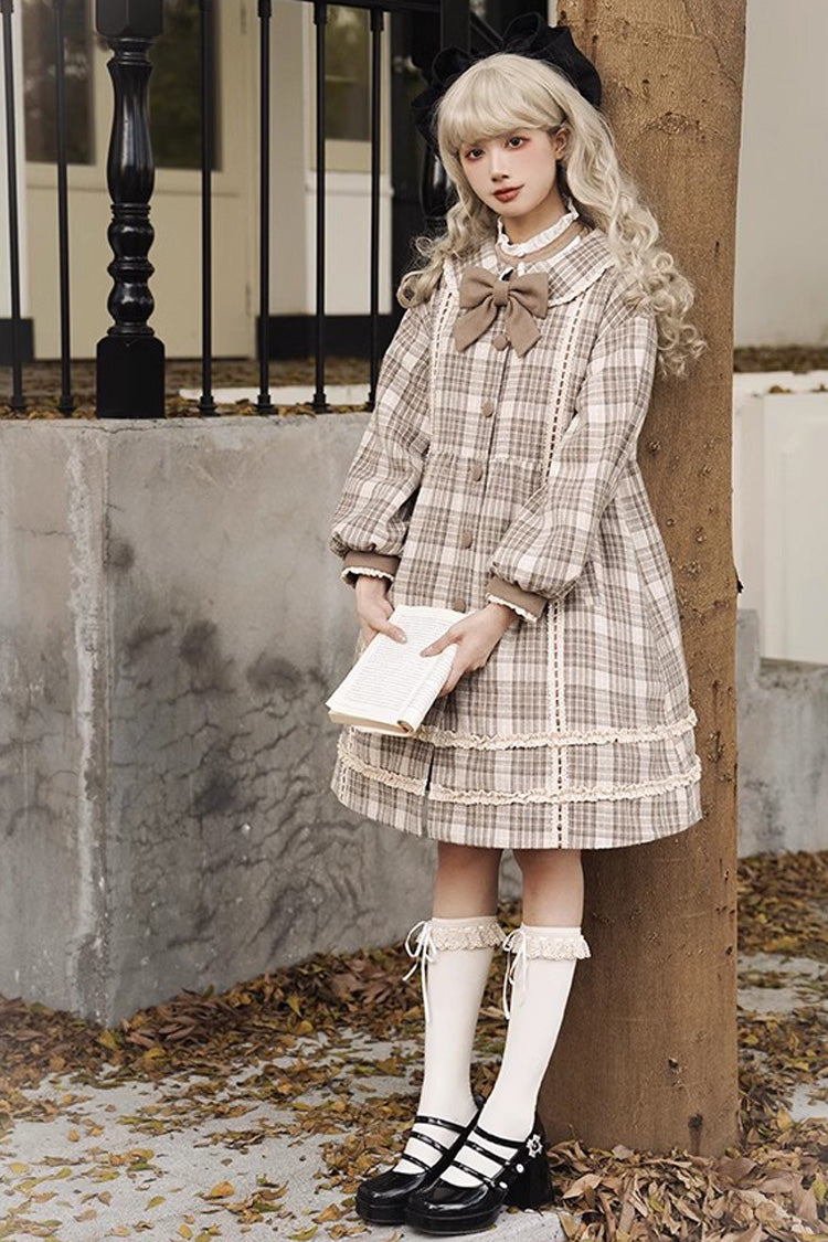 Light Brown Doll Collar Long Sleeve Multi-Layer Print Bowknot Sweet Lolita Coat