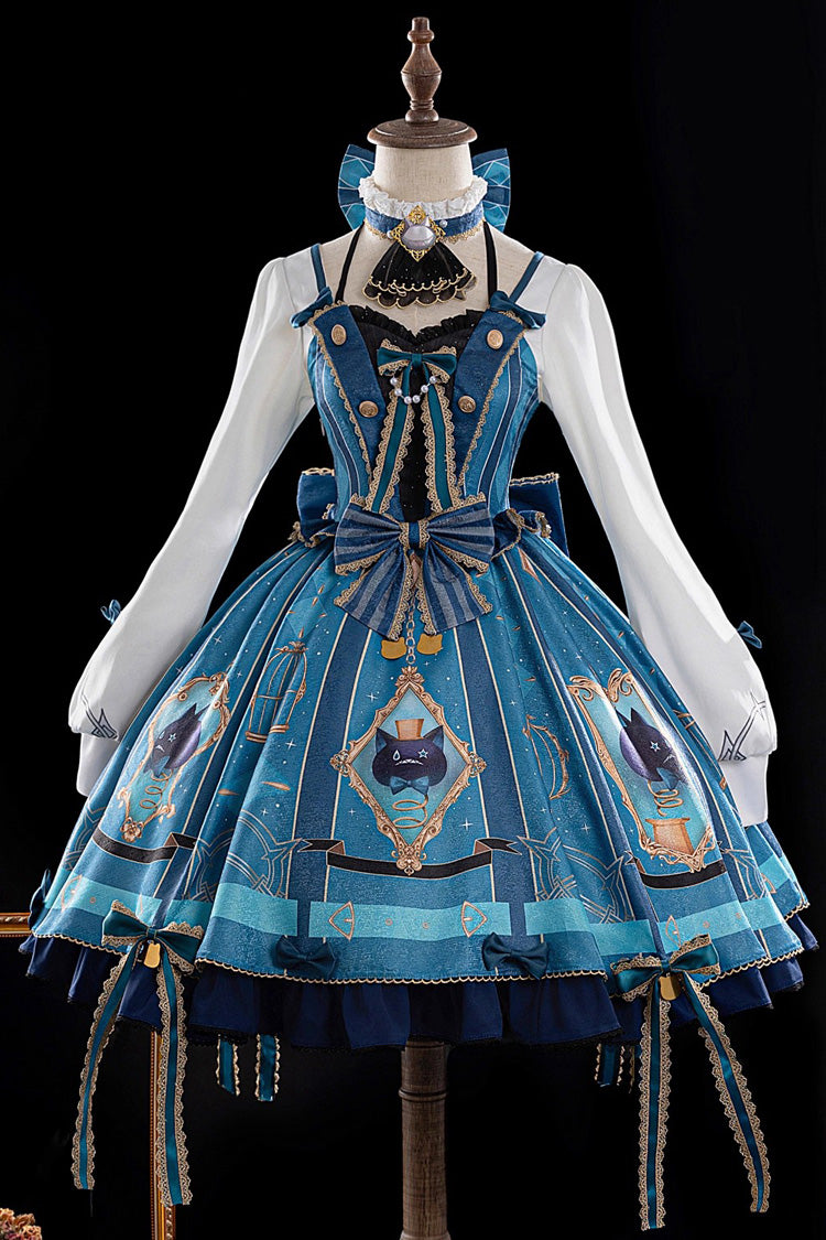 Long Sleeve Print Bowknot Lace Sweet Lolita Dress Set Lynette Cosplay Blue Green