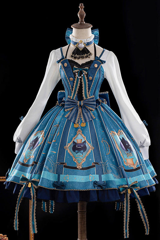 Long Sleeve Print Bowknot Lace Sweet Lolita Dress Set Lynette Cosplay Blue Green