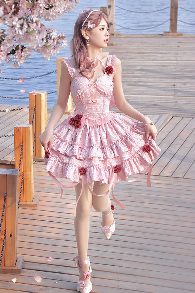 Rosy Mourning Rose Double-Tier Frill Bow Accent Lace Ballet Skirt Set