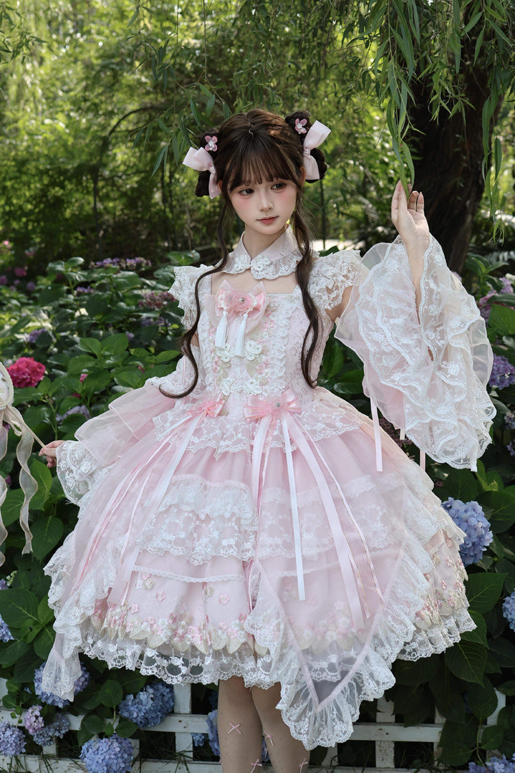 Spring Entwined with Cherry Clouds Short Sleeves Embroidered Bow Lace Sweet Chinese Style Lolita Dress - Pink
