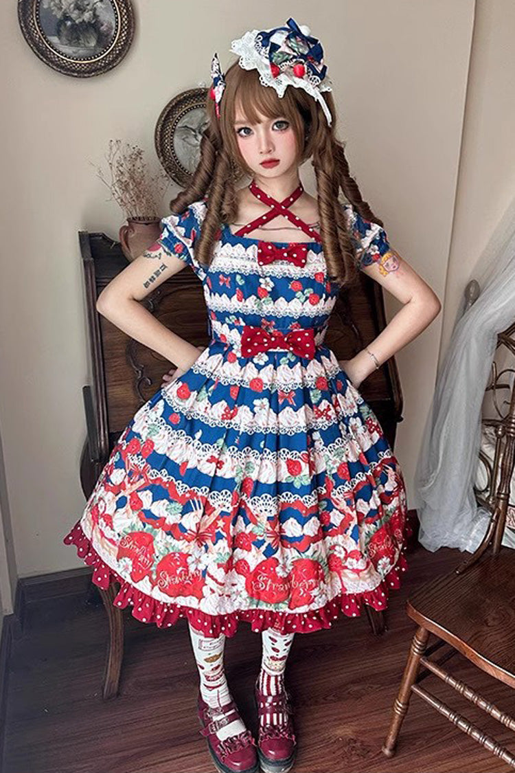 Cream Berry Fairy Red/Blue Short Sleeves Printed Ruffled Bow Sweet Lolita Dress - Miss Brown
