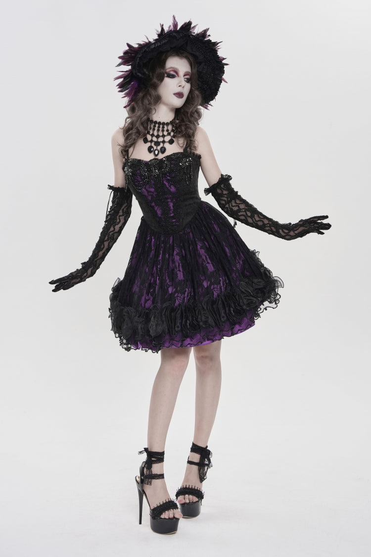 Off Shoulder Double-Layered Printed Cut-Out Lace Lace-Up Gothic Jsk Dress