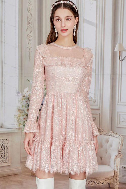 Rose Antique Lace Rounded Neck Floral Embroidery Flared Sleeves Asymmetric Hem Sweet Lolita One-Piece
