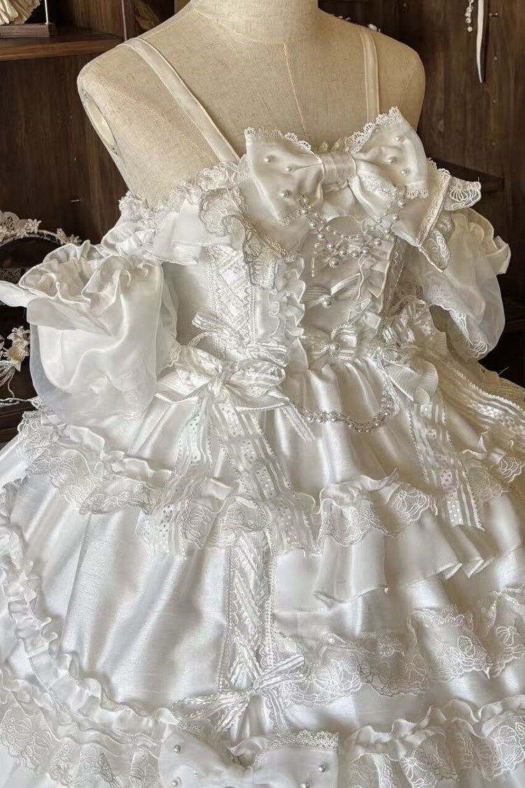 Ivory Off-Shoulder Short Sleeve Layered Dress with Bows - Spring Cherry Snowfall