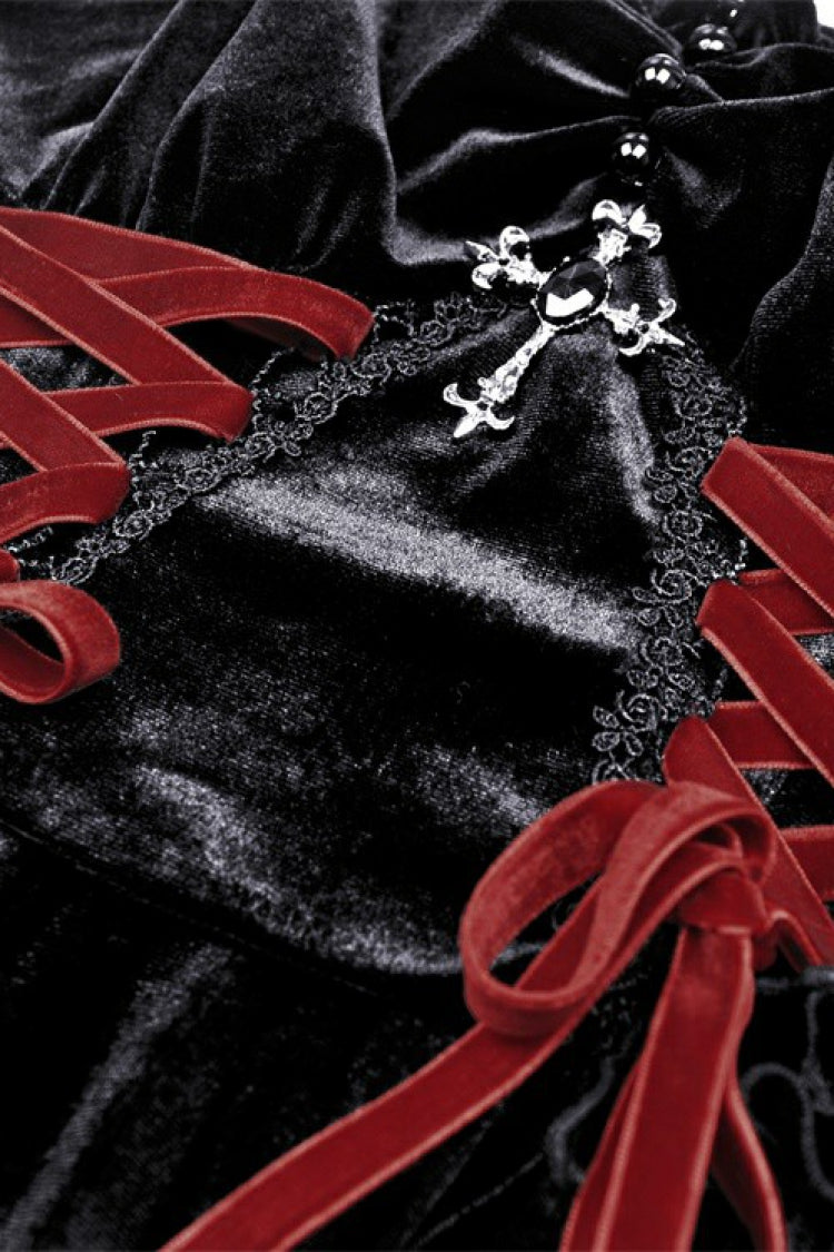 Crimson & Black Cross Lace-Up Velvet Slip Dress