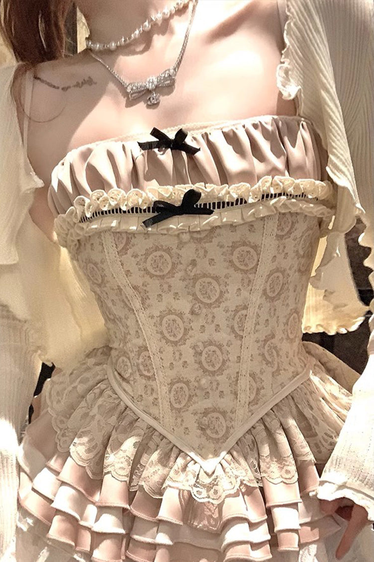 Apricot Multi-Layer Printed Embroidered Bow Sweet Vintage Lolita Skirt