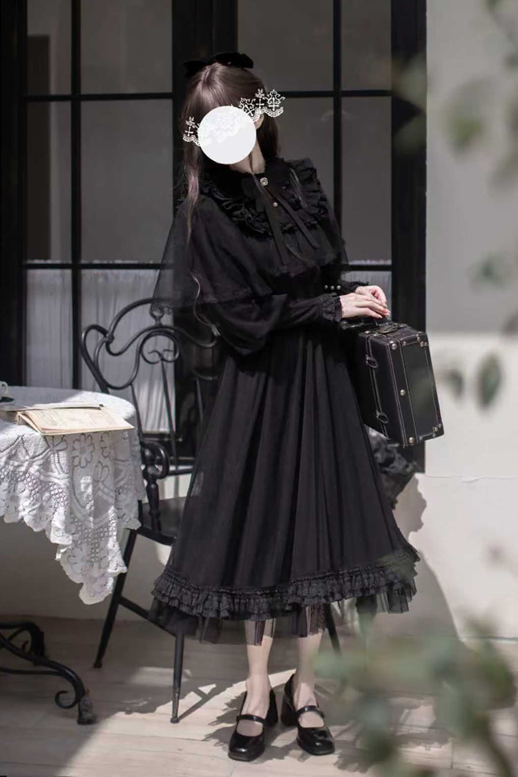 Midnight Lace-Sleeved Bow Detail Elegant Gown - Enchanted Nightdream