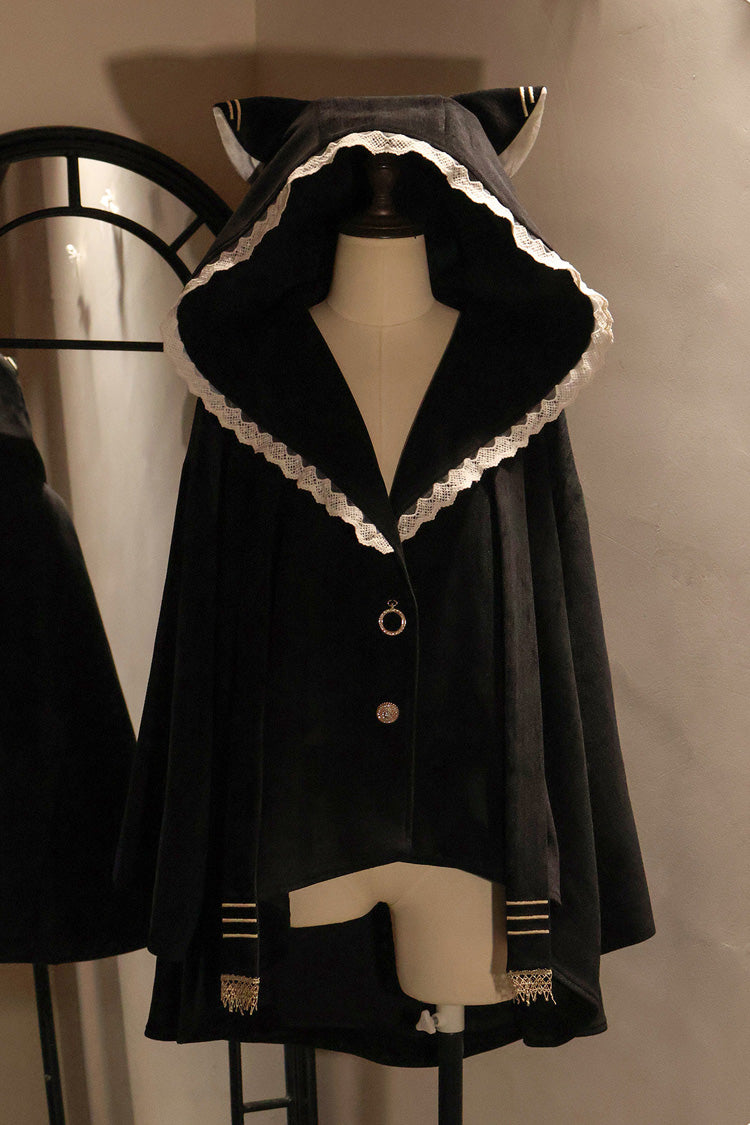 Hooded Cat-Ear Magic Cloak Coat in Black