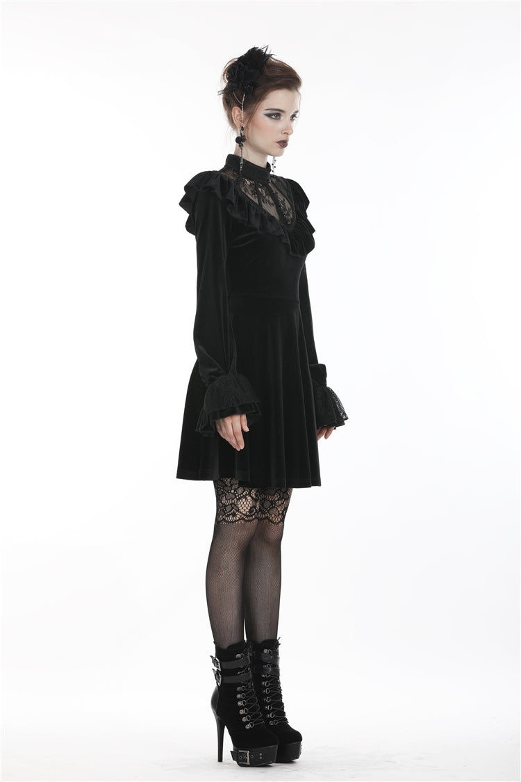 Deep V-Neck Ruched Velvet Lolita Dress with Lace Details