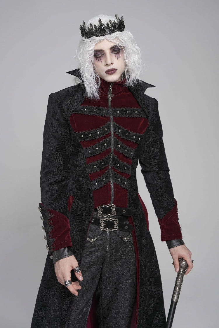 Noir & Red Crystal-Trimmed Printed Zip Gothic Overcoat