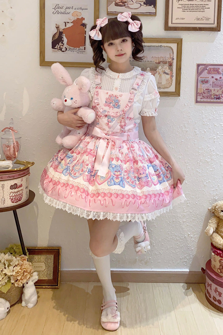 Milky Berry Bear Printed Pink Bow Stitching Lace Sweet Lolita Strap Dress - Miss Brown