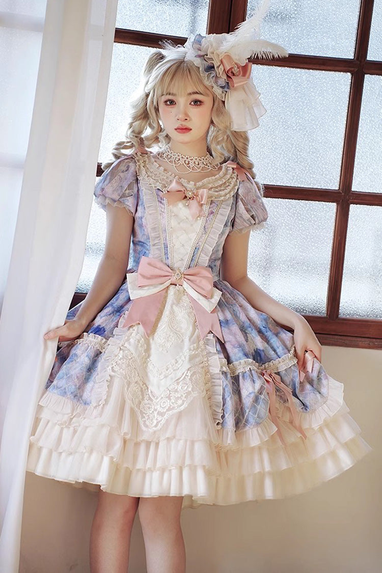 Angel Heart Sky Oil Painting Printed Bow Cardigan Sweet Lolita Dress - Multi-Color