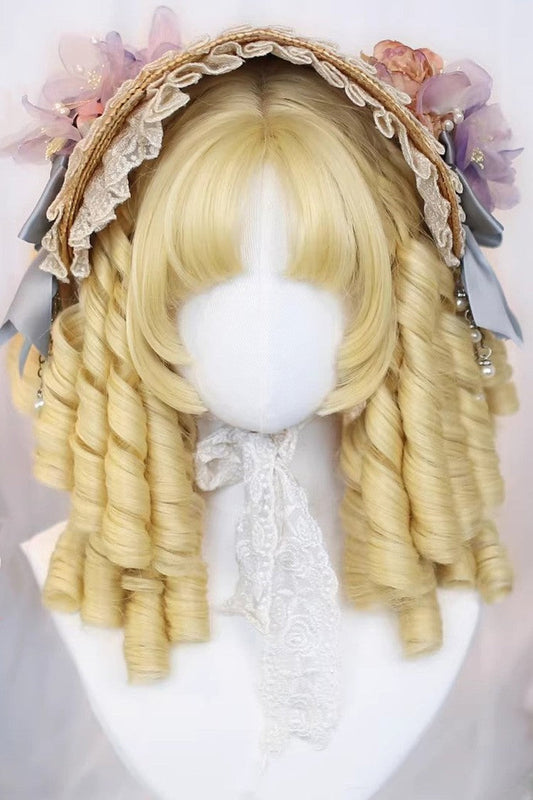 Antique Gold Spiral Curls Lolita Hairpiece with Center Part and Blunt Fringe