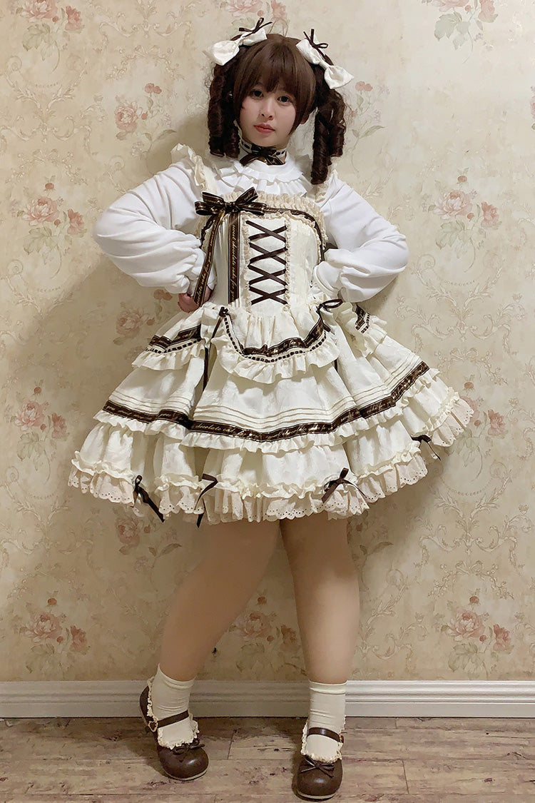 Double-Layered Ruffle Bowknot Sweet Plus Size Ivory Chocolate Sleeveless Jsk Dress