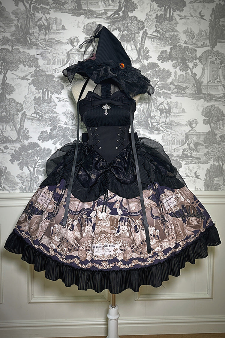 Black The Mystery of The Doll Halterneck Printed Ruffle Bowknot Drawstring Gothic Lolita Dress