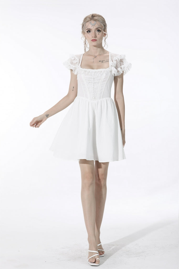 White Layered Lace Square Collar Strappy Gothic Mini Dress