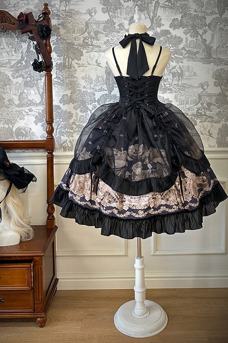 Black The Mystery of The Doll Halterneck Printed Ruffle Bowknot Drawstring Gothic Lolita Dress