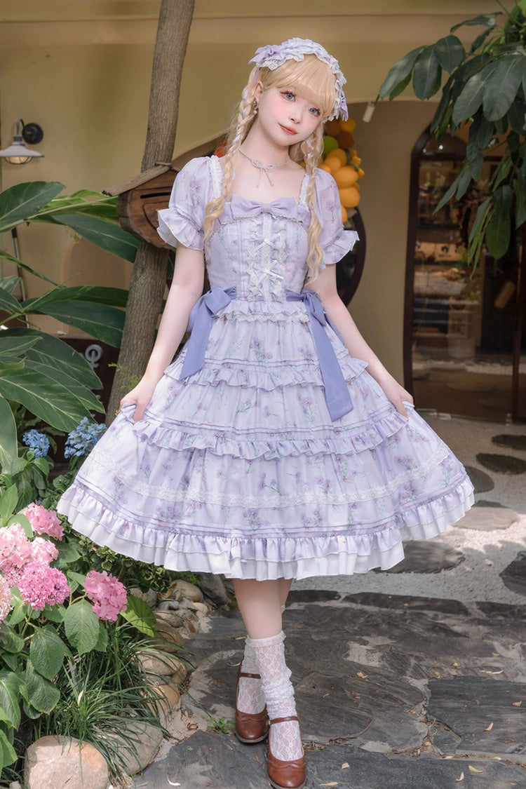 Square Collar Short Sleeve Triple-Layered Print Ruffle Elegant Lolita Dress