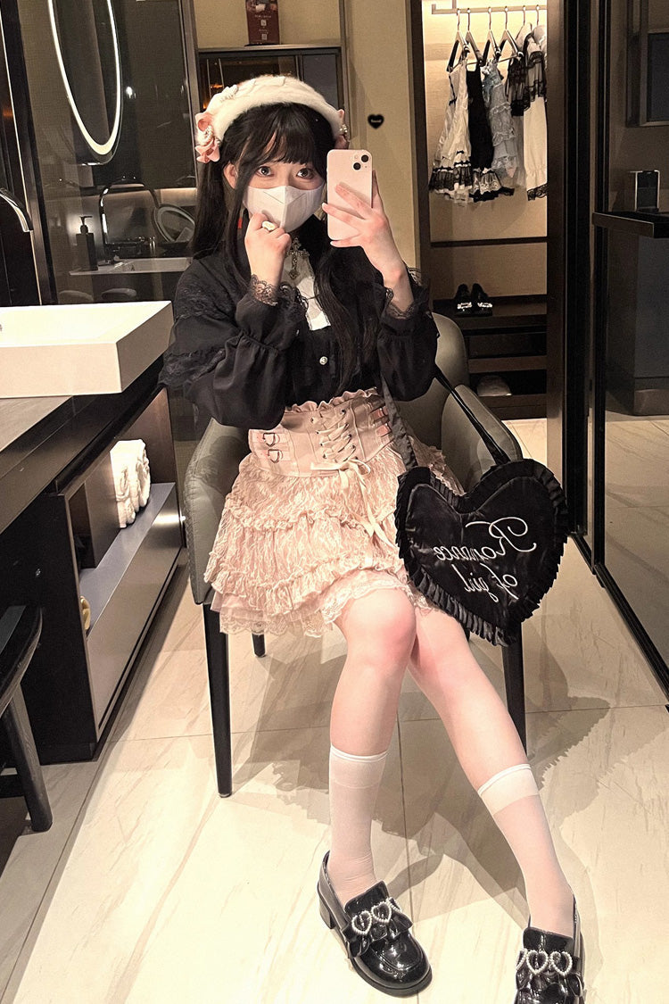 Jirai Kei Blouse with Hollow Lace and Long Sleeves - Mist Veil, 3 Tones