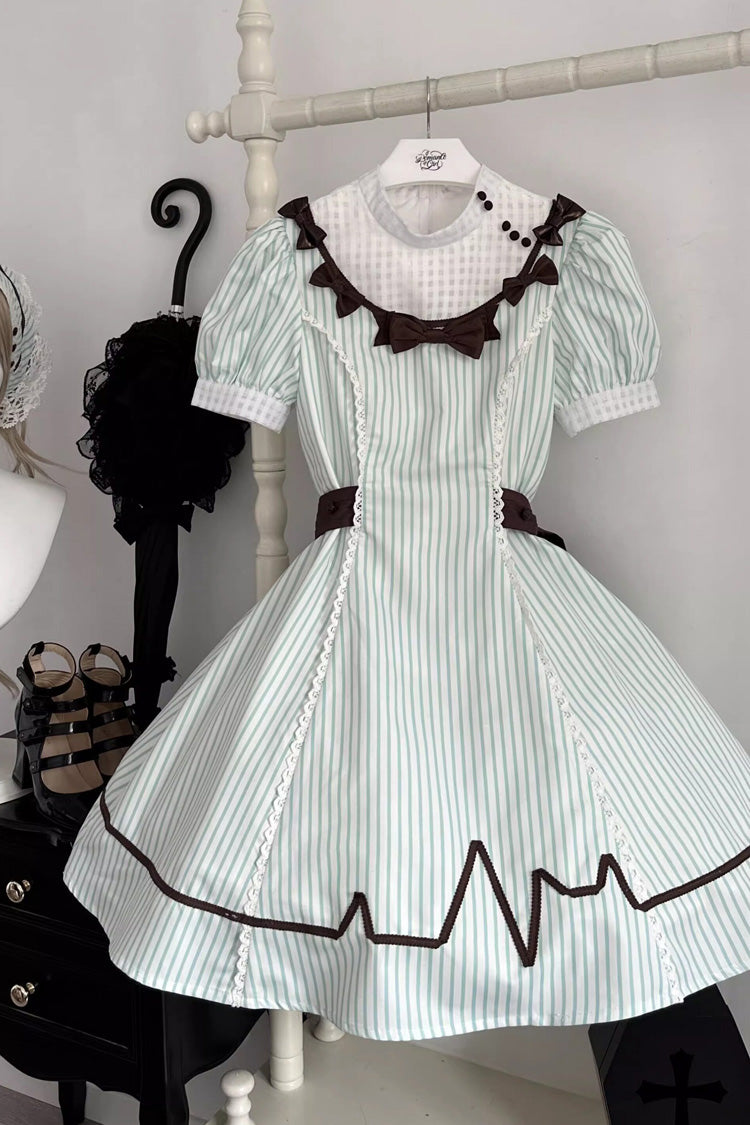 Green Striped Bow Nurse Lolita Stand-Collar