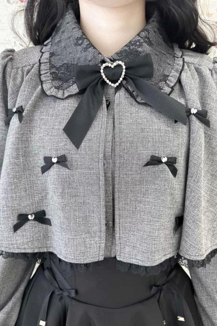 Grey Lapel Collar Long Sleeves Bowknot Sweet Japanese Jirai Kei Blouse Coat
