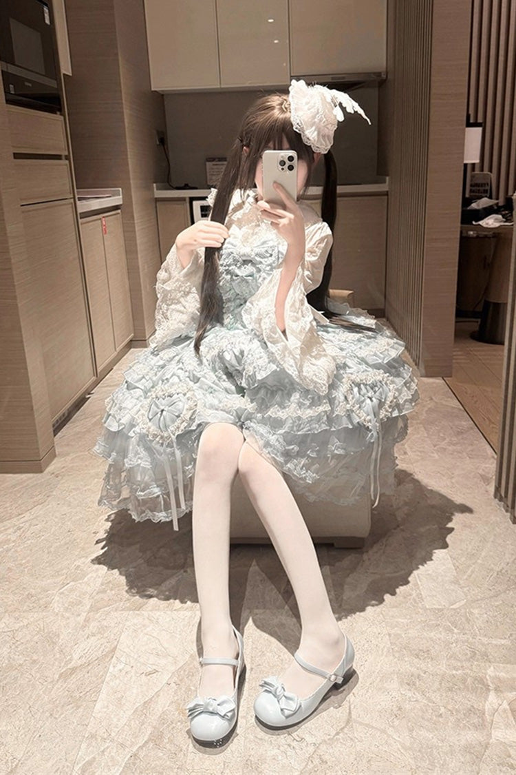 Blue Multi-Layered Ruffled Hanayome Embroidered Bow Lace Sweet JSK - Sweetheart Diary