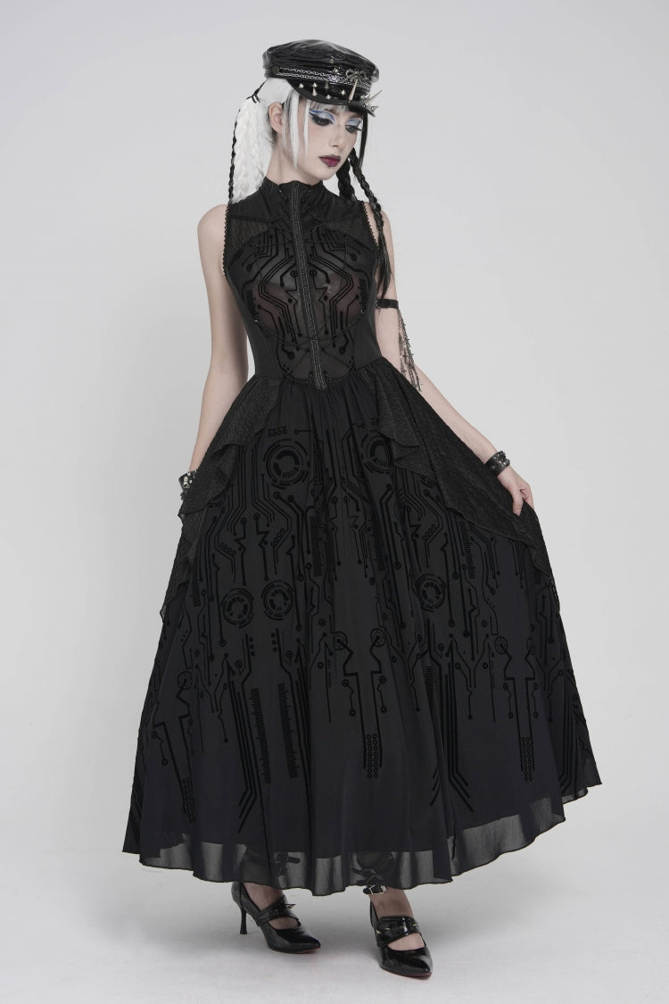 Stand Collar Sleeveless Multi-Layered Printed Sheer Punk Elegant Gorgeous Dress
