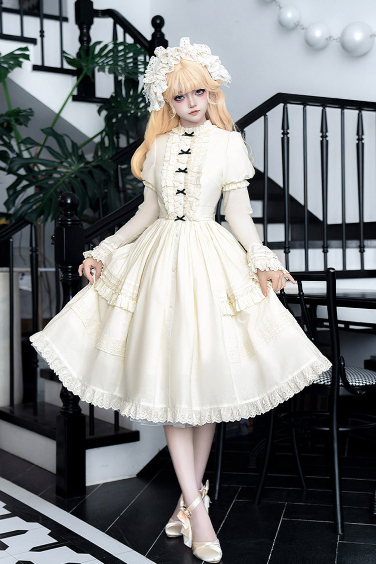 Cream Birch Appointment Stand Collar Long Puff Sleeve Frilled Bow Sweet Lolita Dress