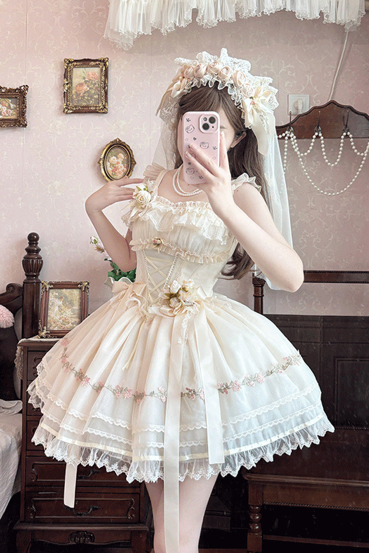 Ballet Lolita JSK Dress with Multi-Layered Ruffles and Bow - Mist Champagne, 3 Colors