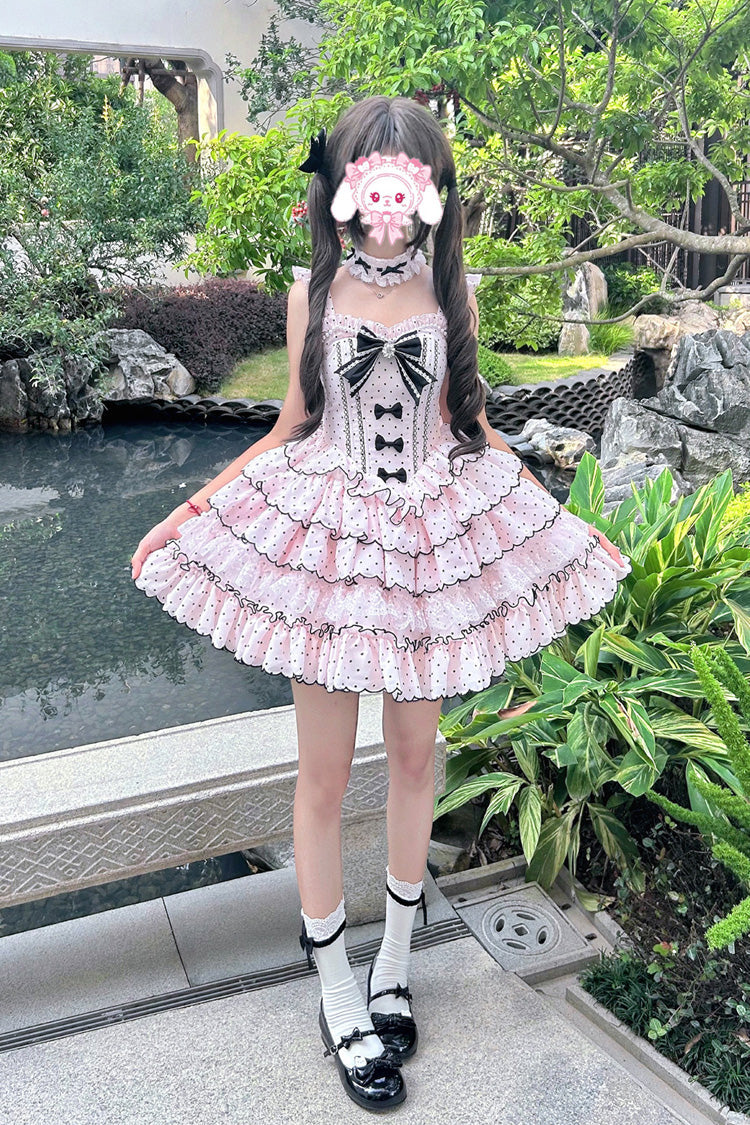 Pink Sleeveless Polka-Dot Multi-Layer Ruffle Bow Sweet Princess JSK Dress