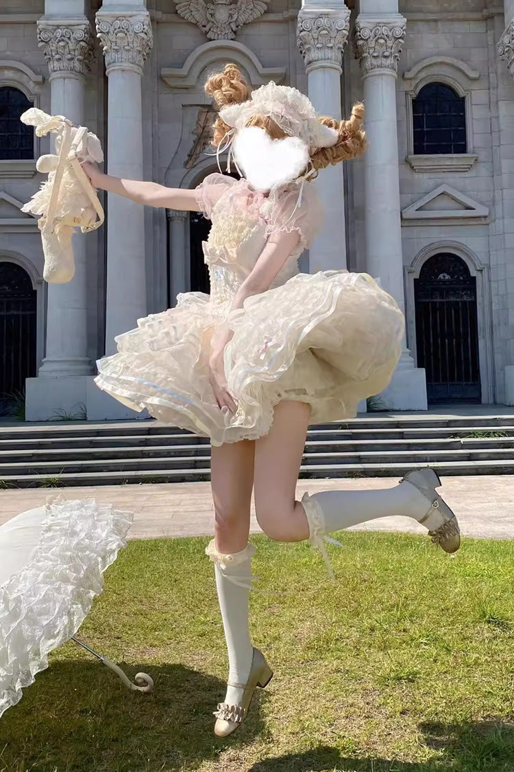 Ballet Apricot Triple-Layer Ruffle Bow Lace Sweet Lolita JSK Dress