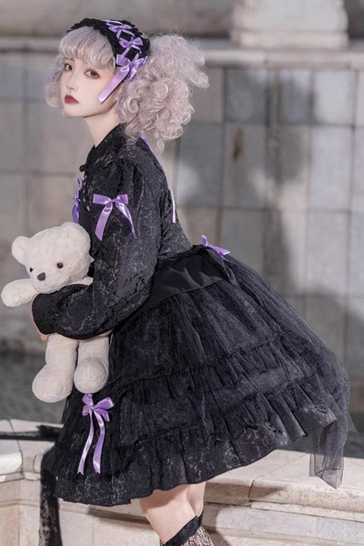 Love Song Long Sleeves Multi-Layered Jacquard Ruffle Bowknot Sweet Gothic Dress