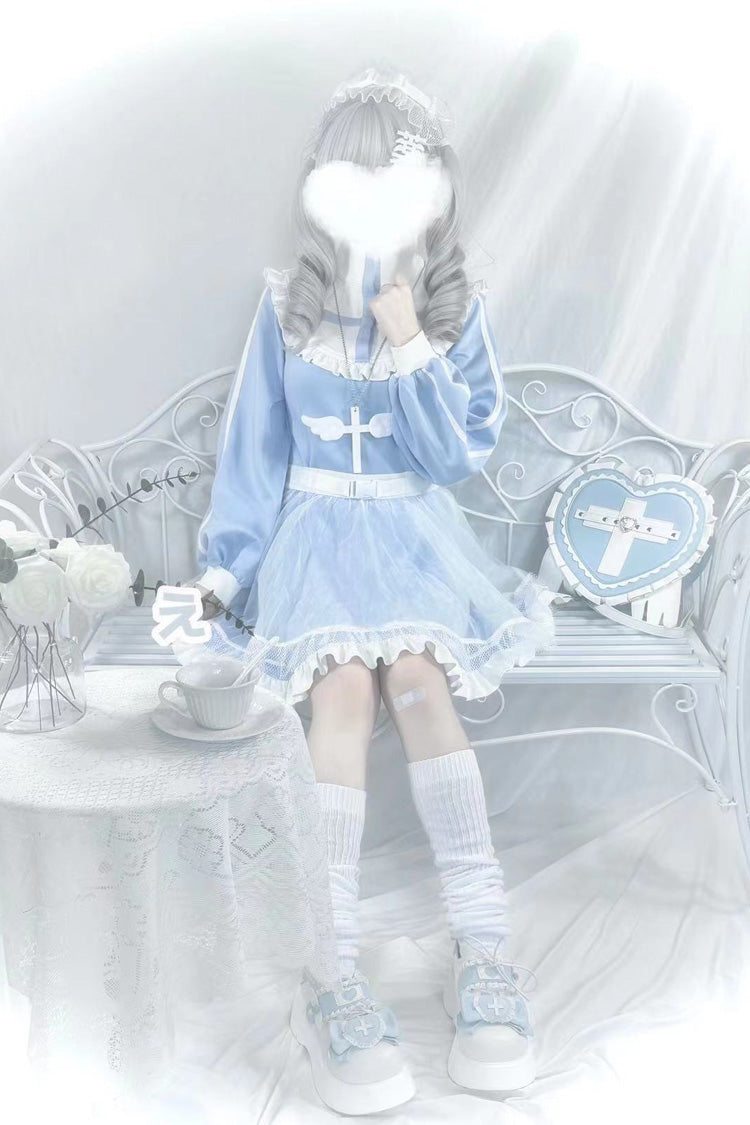 Blue Cross Angel Ruffle Long Sleeve Jirai Kei Dress