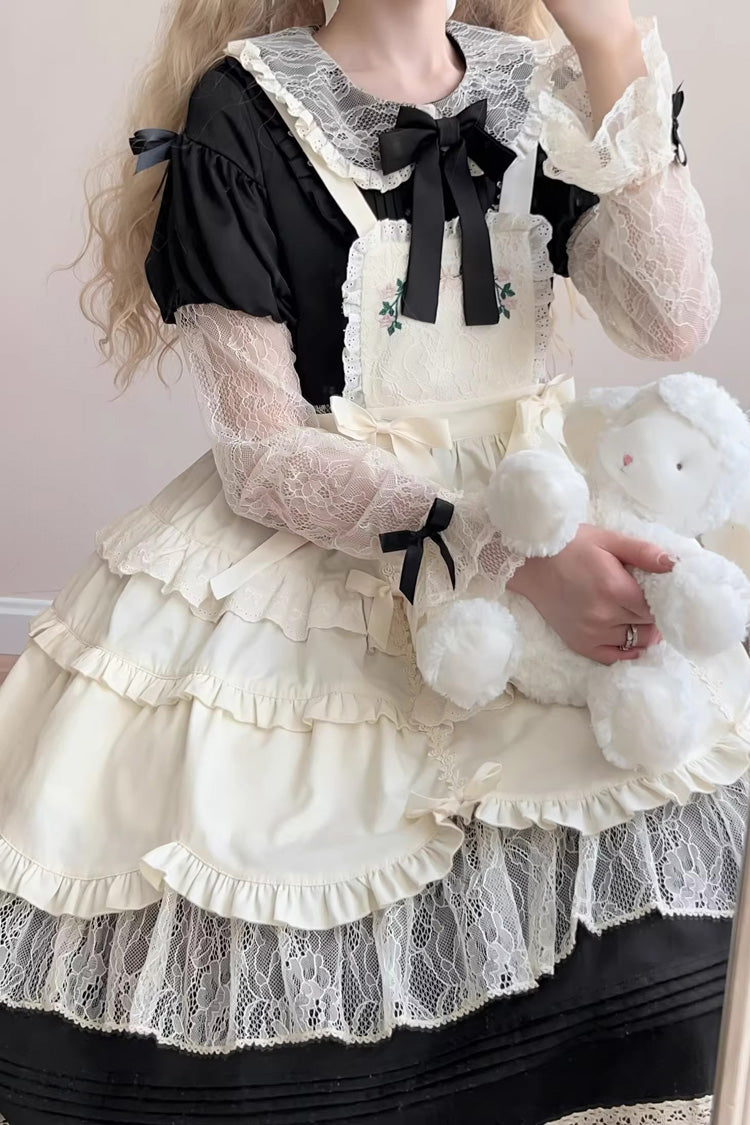 Lapel Collar Long Sleeve Embroidery Bow Lace Sweet Lolita Dress - Black