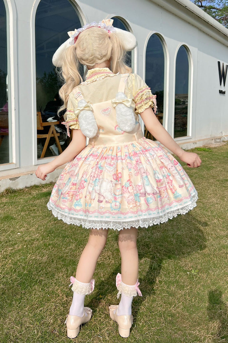 Yellow Sheep's Party Printed Bow Stitching Lace Sweet Lolita Strap Dress - Miss Brown