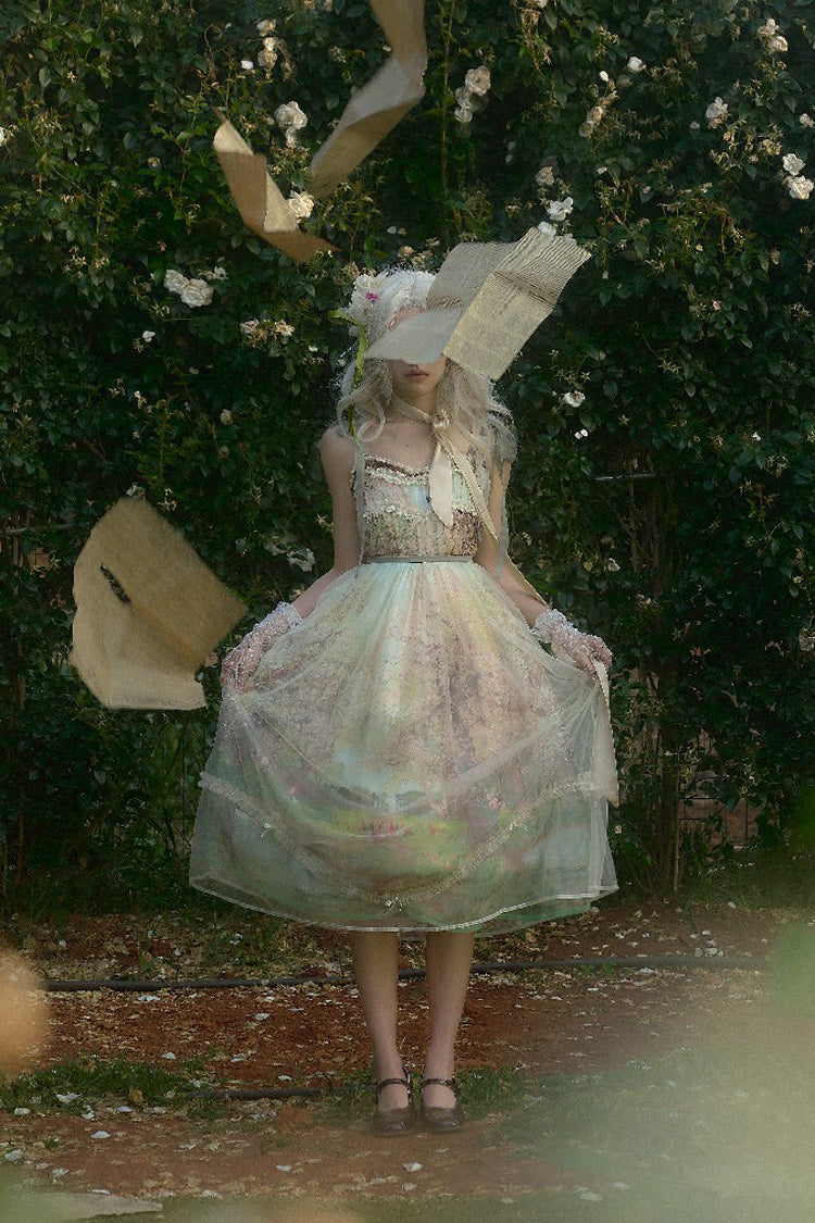 Green Oil Painting Spring Sleeveless Print Ruffle Bow Lace Sweet Jsk Dress