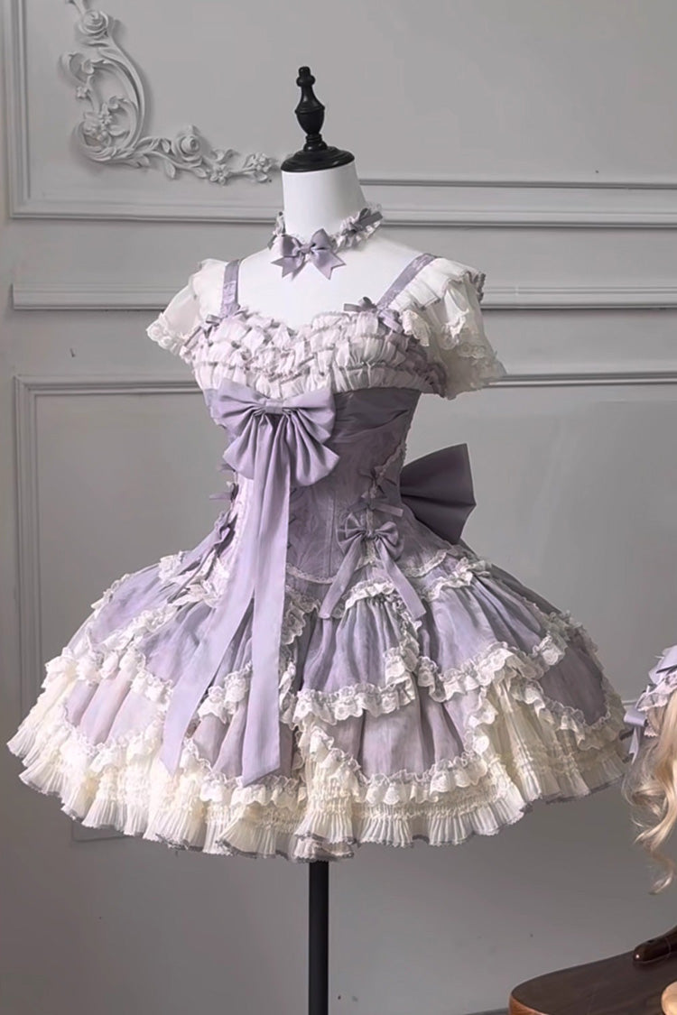 Floral Dream Violet Multi-Layered Ruffle Embroidery Lace-Up Ballet Lolita JSK - Floral Dream