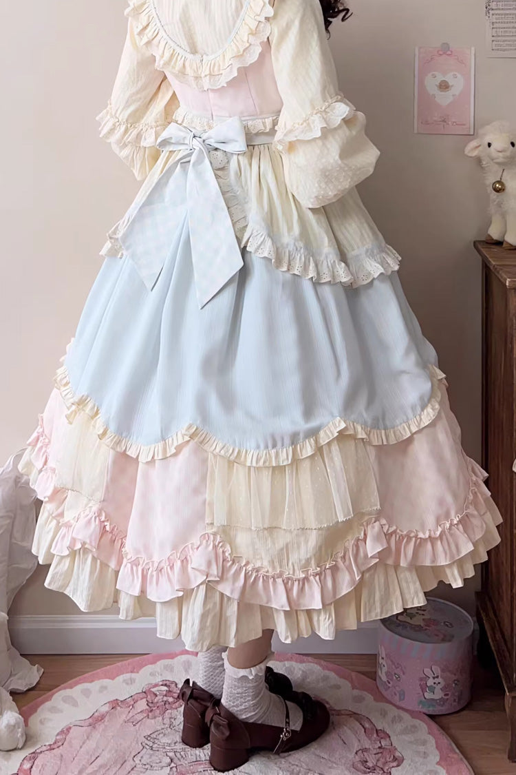 Sleeveless Multi-Layer Ruffle Bow Lace Sweet Lolita Jumper Dress Long - Multi Color