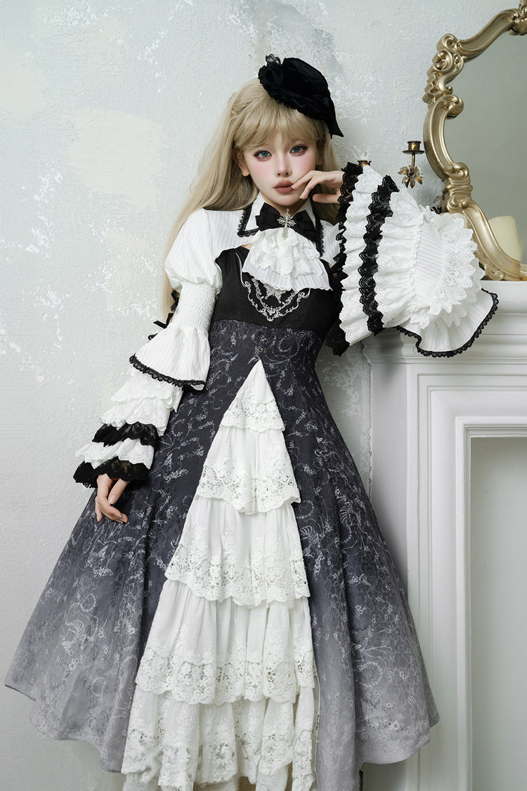 Black White Printed Bone Magic Ruffle Cardigan Lace Classic Gothic Princess Lolita Jsk Dress