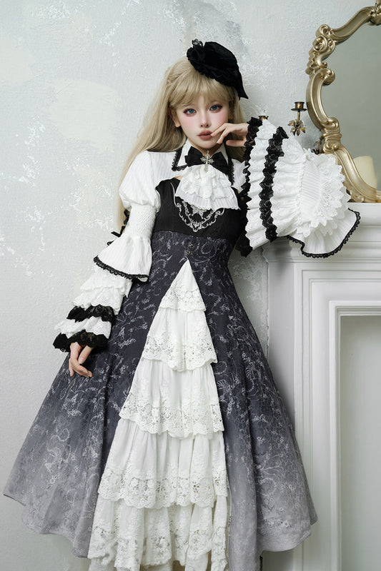 Black White Printed Bone Magic Ruffle Cardigan Lace Classic Gothic Princess Lolita Jsk Dress