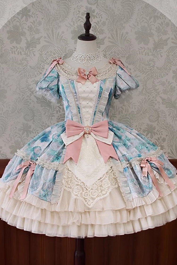 Angel Heart Sky Oil Painting Printed Bow Cardigan Sweet Lolita Dress - Multi-Color