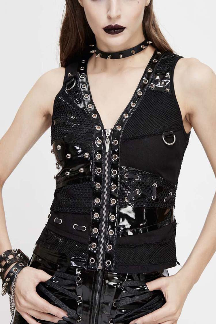 Asymmetrical Mesh Punk Waistcoat with Metal Accents