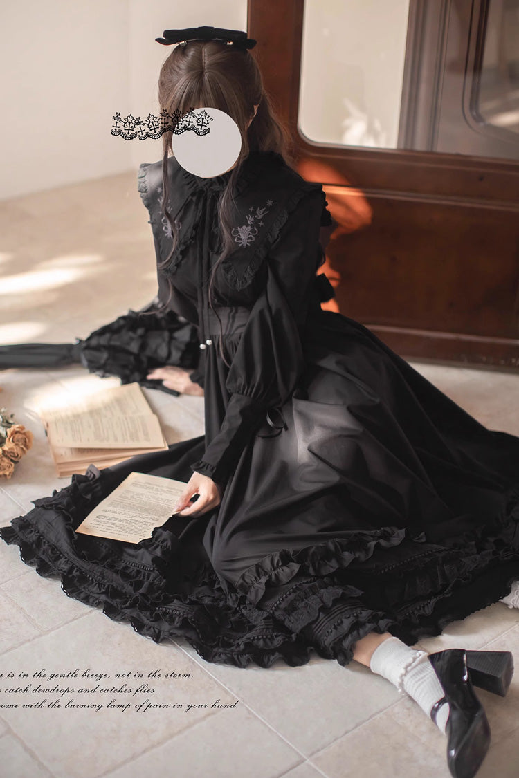 Black Long Sleeve Embroidered Bow Gothic Vintage Dress - Wind Kissed Tulips