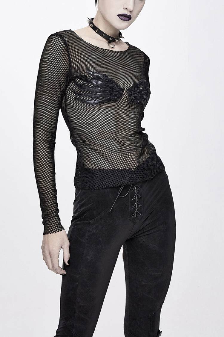 Charcoal Crewneck Chest Skull Palm Long-Sleeve Mesh Shirt for Women