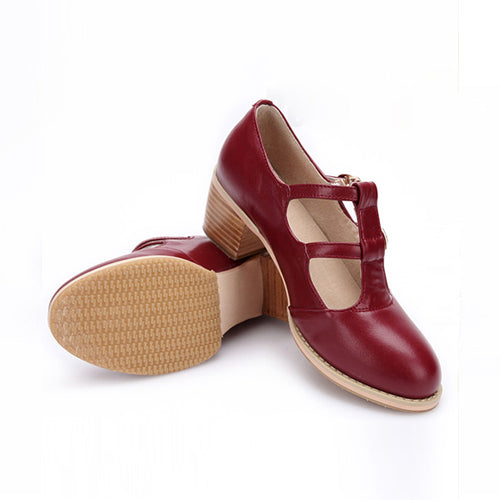 Vintage Wine-Red Mid-Heel Shoes with Double Buckles for Lolita