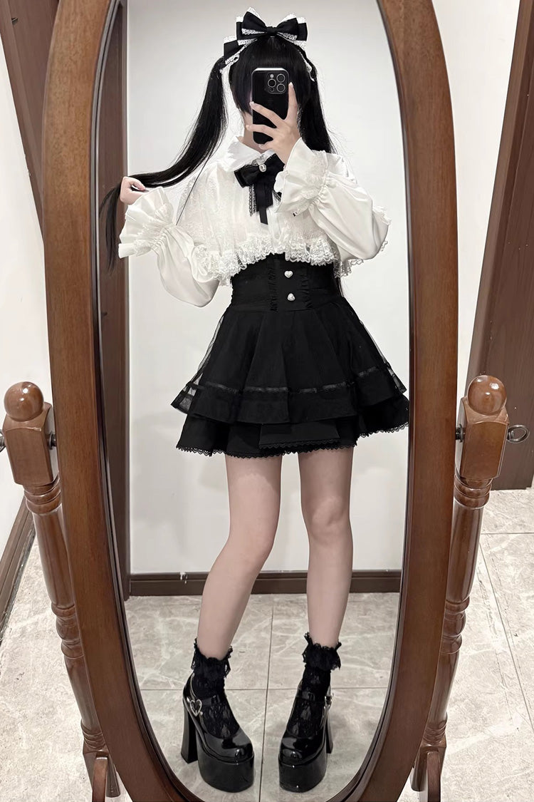 [Law of Disorder] Lapel Collar Long Sleeves Bow Lace Sweet Jirai Kei Skirt and Top 3 Colors