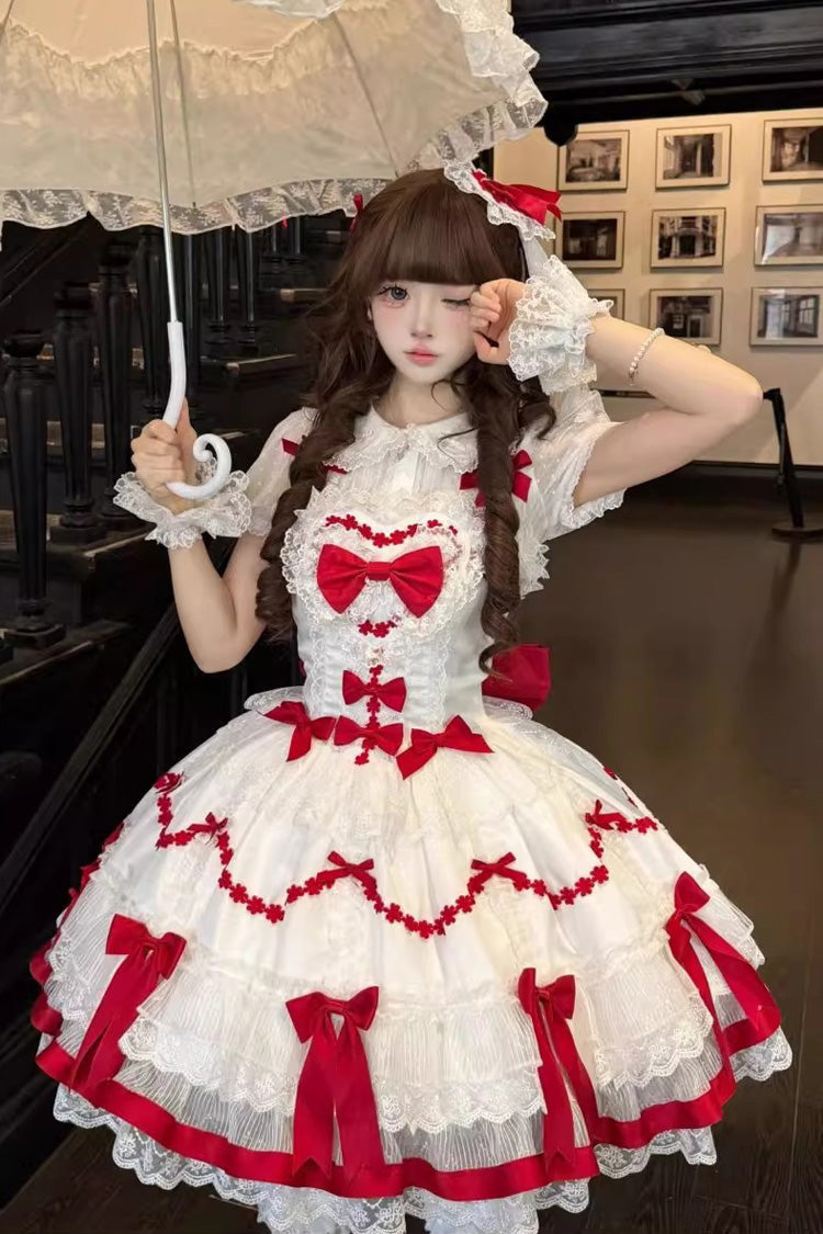 Red White Scarlet Heart Cocoa Sleeveless Triple-Layered Ruffle Embroidery Lace Sweet Lolita Jsk Dress