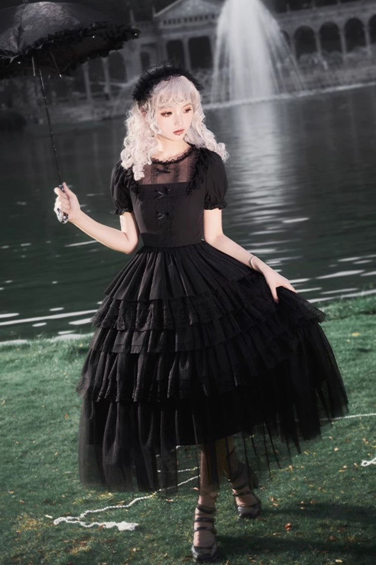 Black Gothic Dress with Five-Tiered Ruffle Sleeves