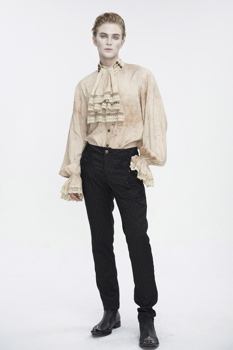 Gothic Apricot Stand Collar Puff Sleeve Men's Shirt with Necktie